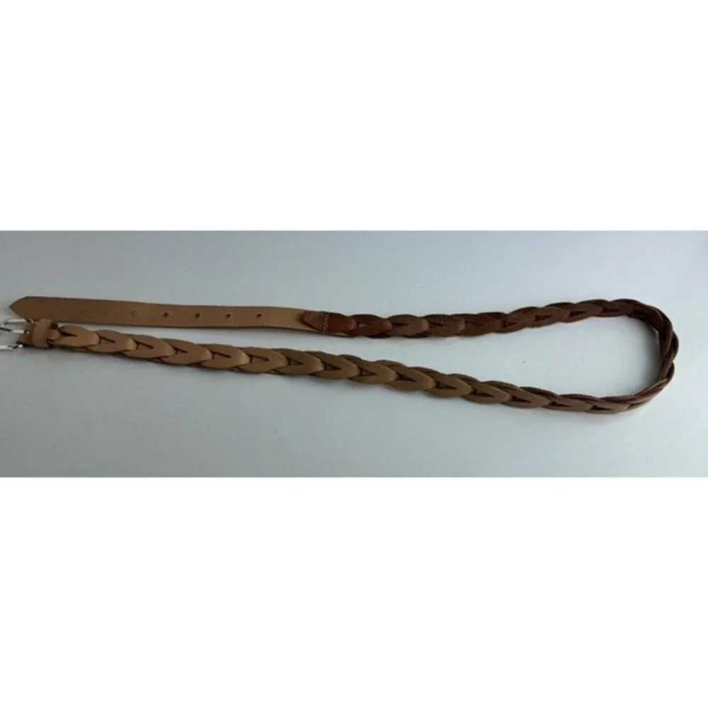 Tan Braided Leather Skinny Belt Silver Buckle Boho Cinch Waist Casual Chic 47-77